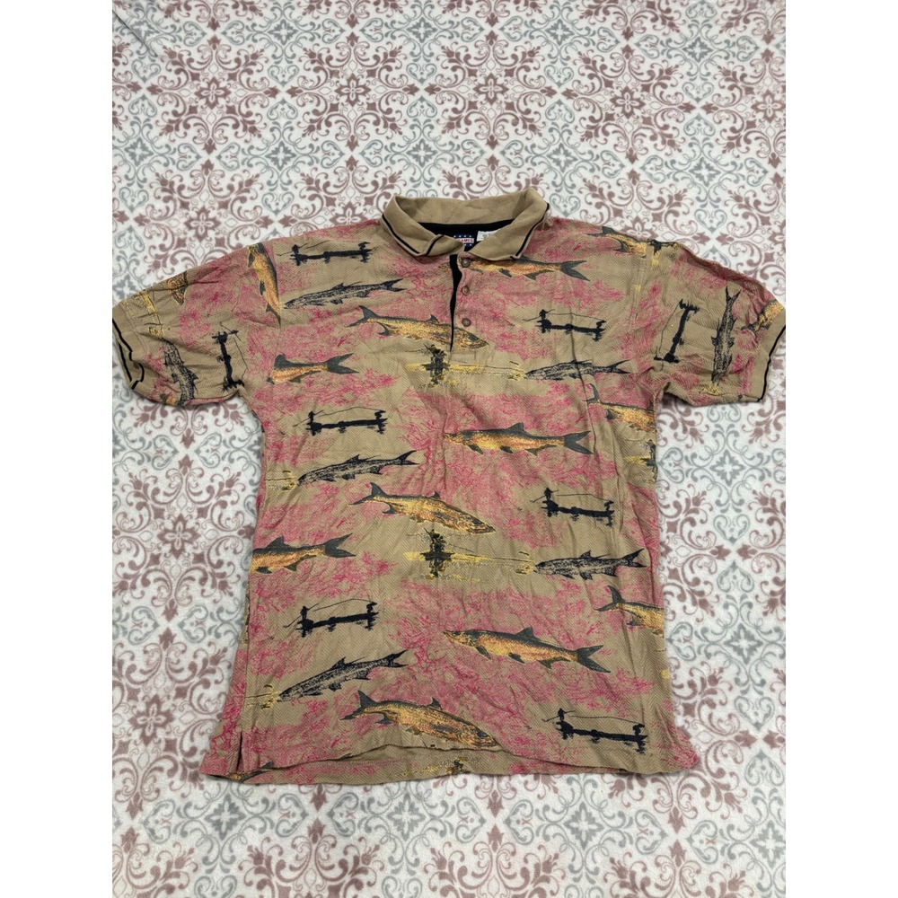 Vintage US Games Mens Medium Polo Shirt Fishing Fly Fish Trout All Over Print Ta